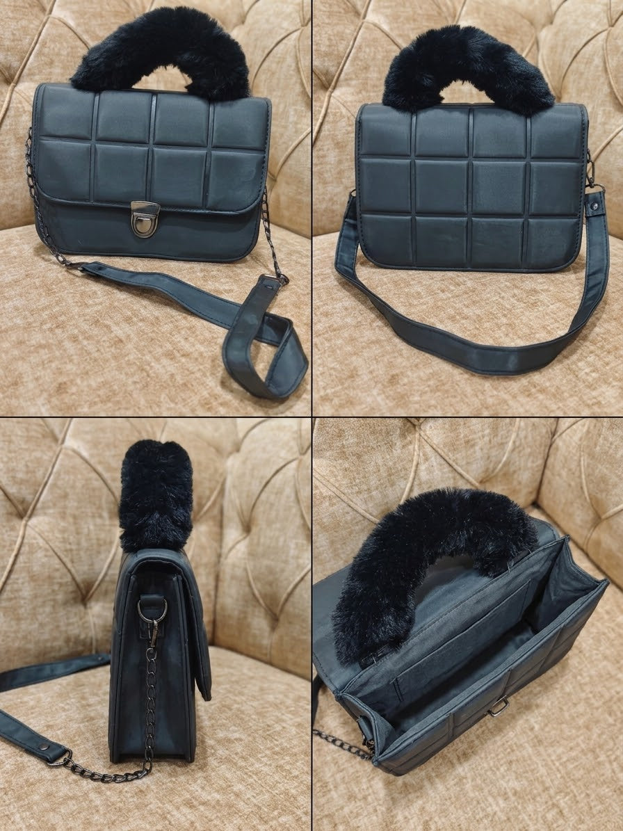 Plush Charcoal Quilted Top-Handle Flap Bag