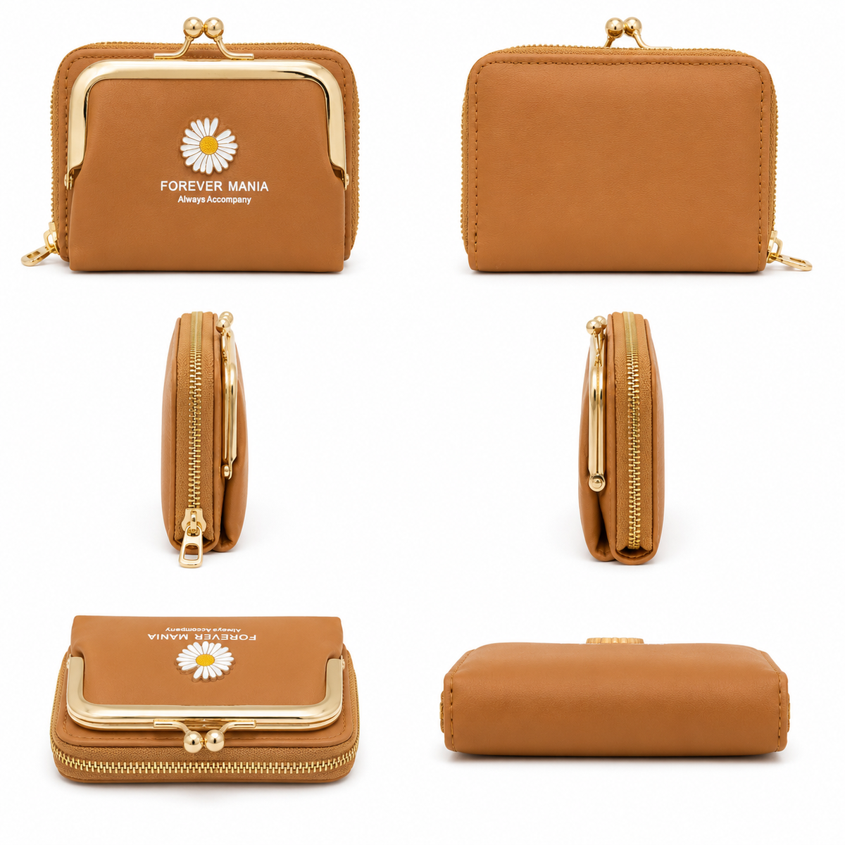 Elegant Tan Daisy Frame Wallet- Chic &Timeless Clutch Purse