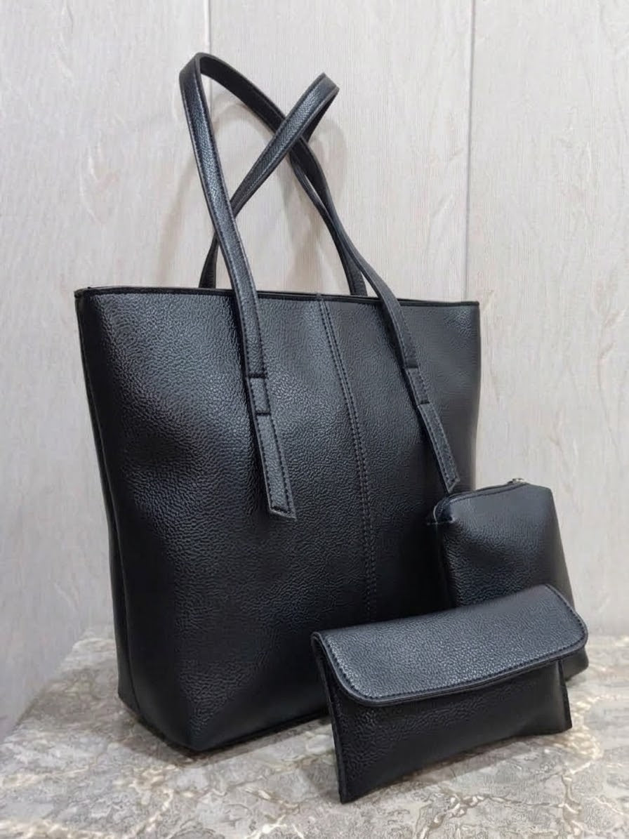 Elegant Luxe Black Tote Bag-3 Piece Premium Handbag Set