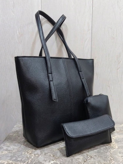 Elegant Luxe Black Tote Bag-3 Piece Premium Handbag Set