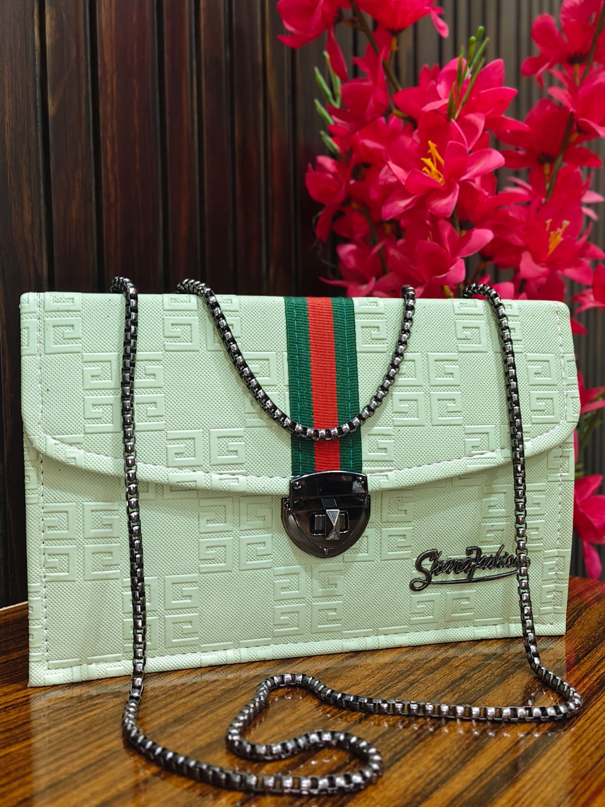 Crimson Glamour Textured Chain Crossbody Bag
