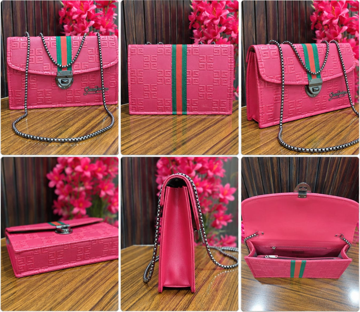 Crimson Glamour Textured Chain Crossbody Bag