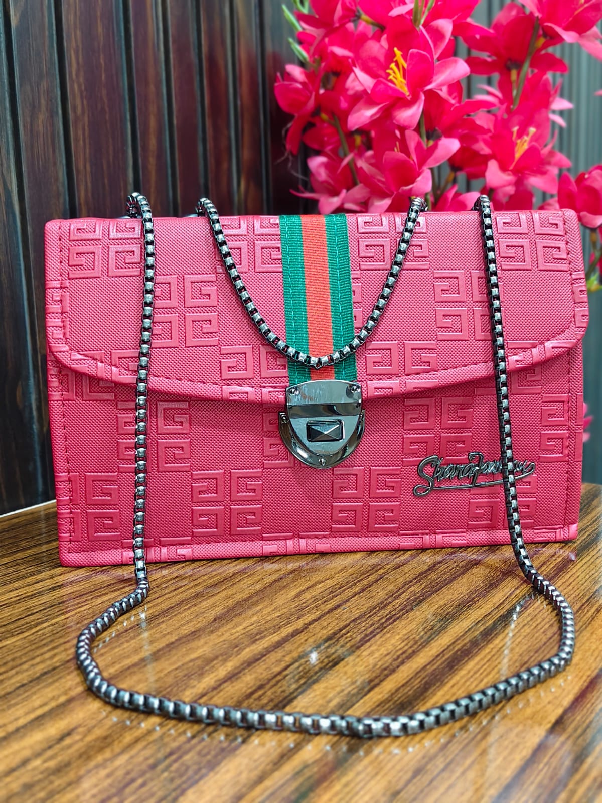 Crimson Glamour Textured Chain Crossbody Bag