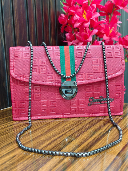 Crimson Glamour Textured Chain Crossbody Bag