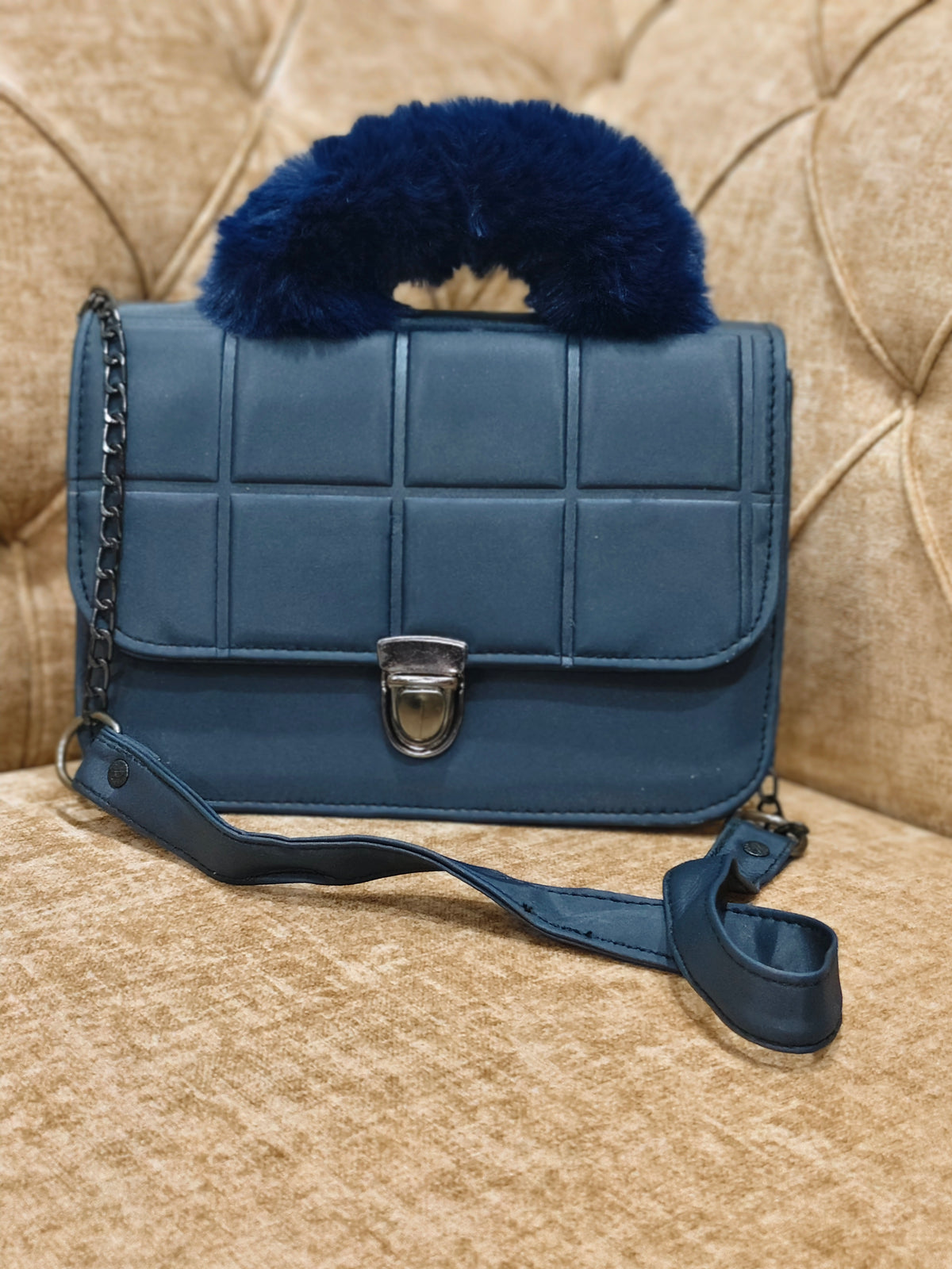 Plush Charcoal Quilted Top-Handle Flap Bag