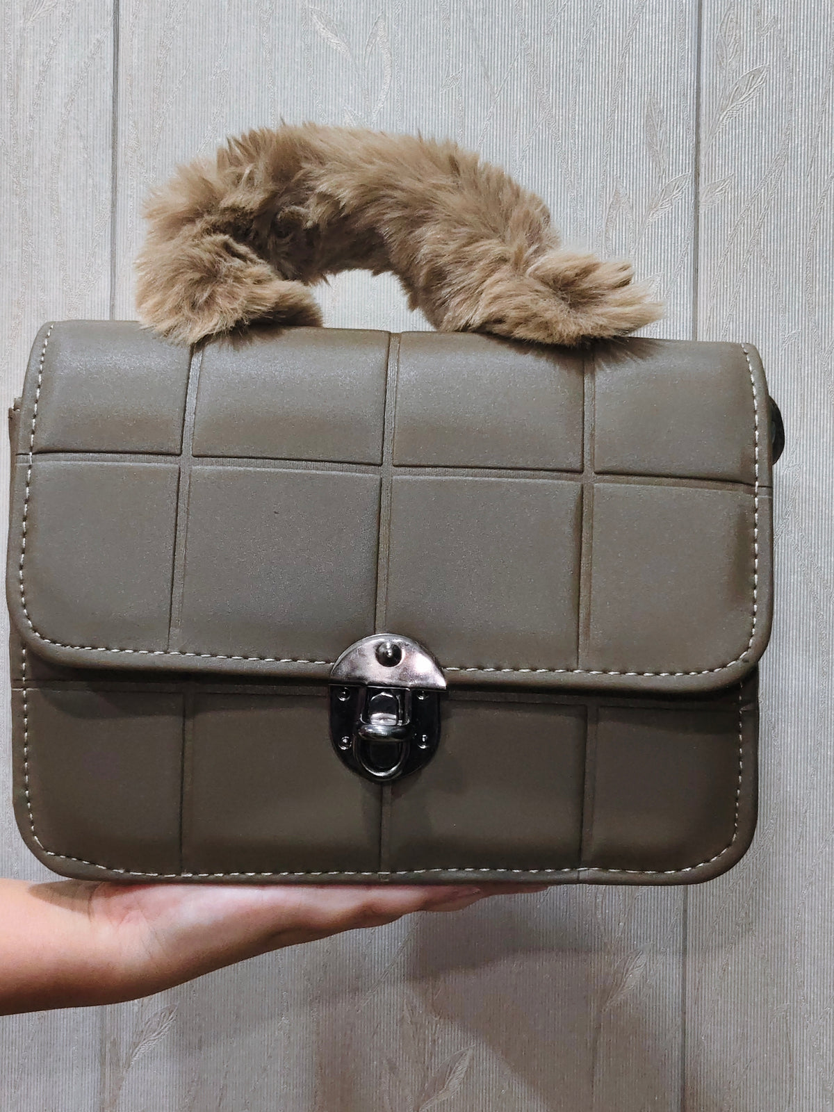 Plush Charcoal Quilted Top-Handle Flap Bag