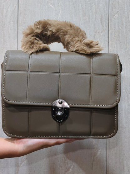 Plush Charcoal Quilted Top-Handle Flap Bag
