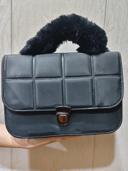 Plush Charcoal Quilted Top-Handle Flap Bag