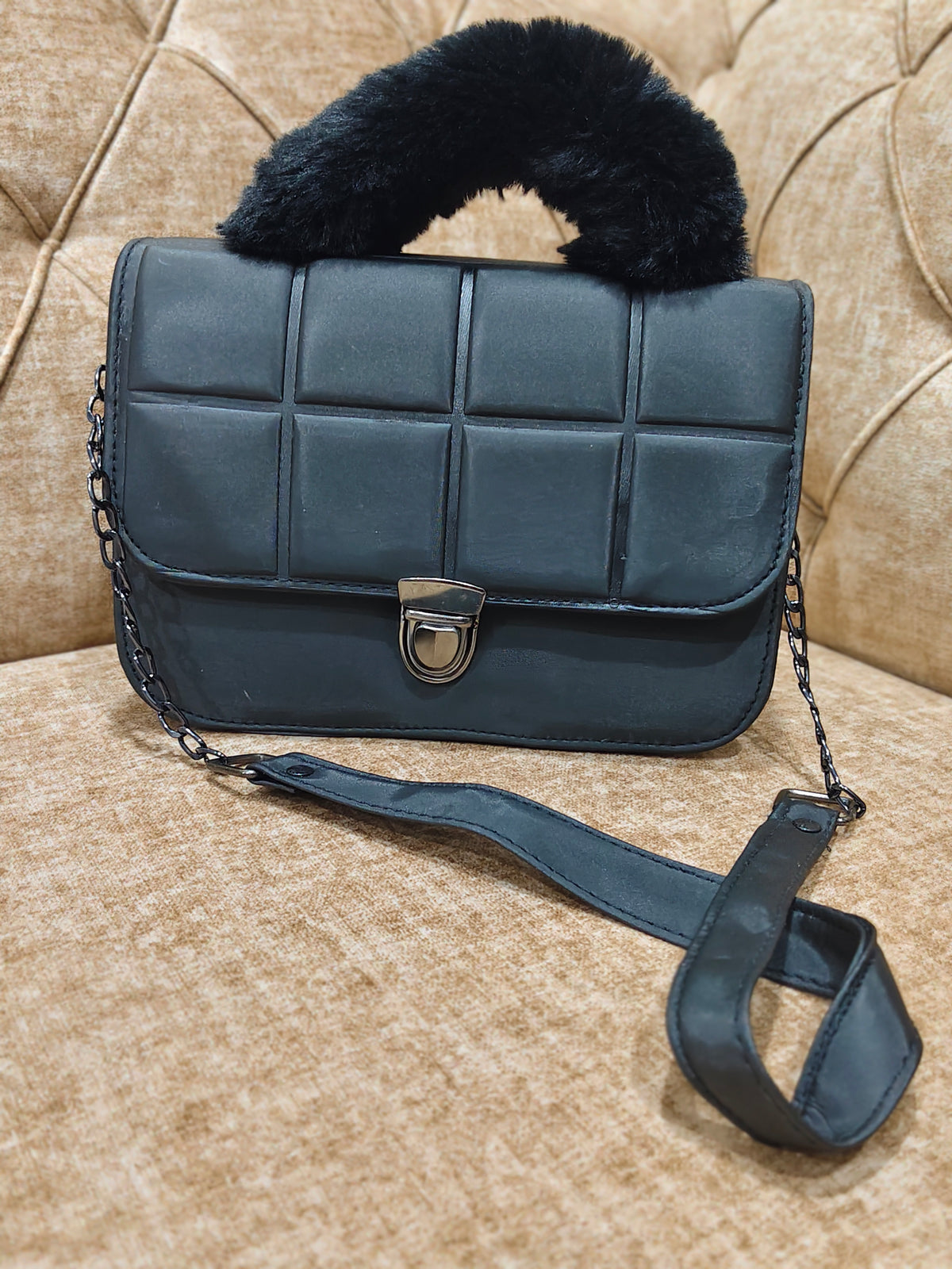 Plush Charcoal Quilted Top-Handle Flap Bag